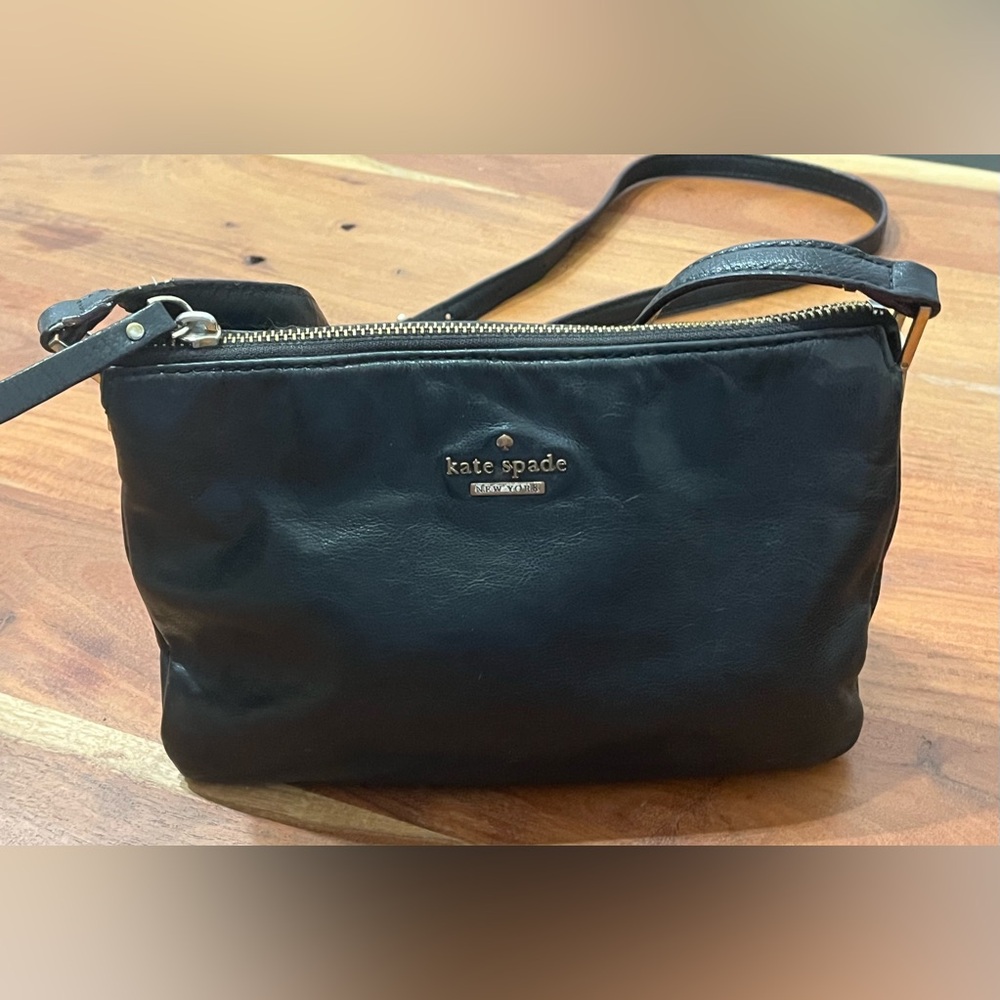 Kate Spade NY Triple Gusset Crossbody Bag Smooth Black Leather Striped Interior